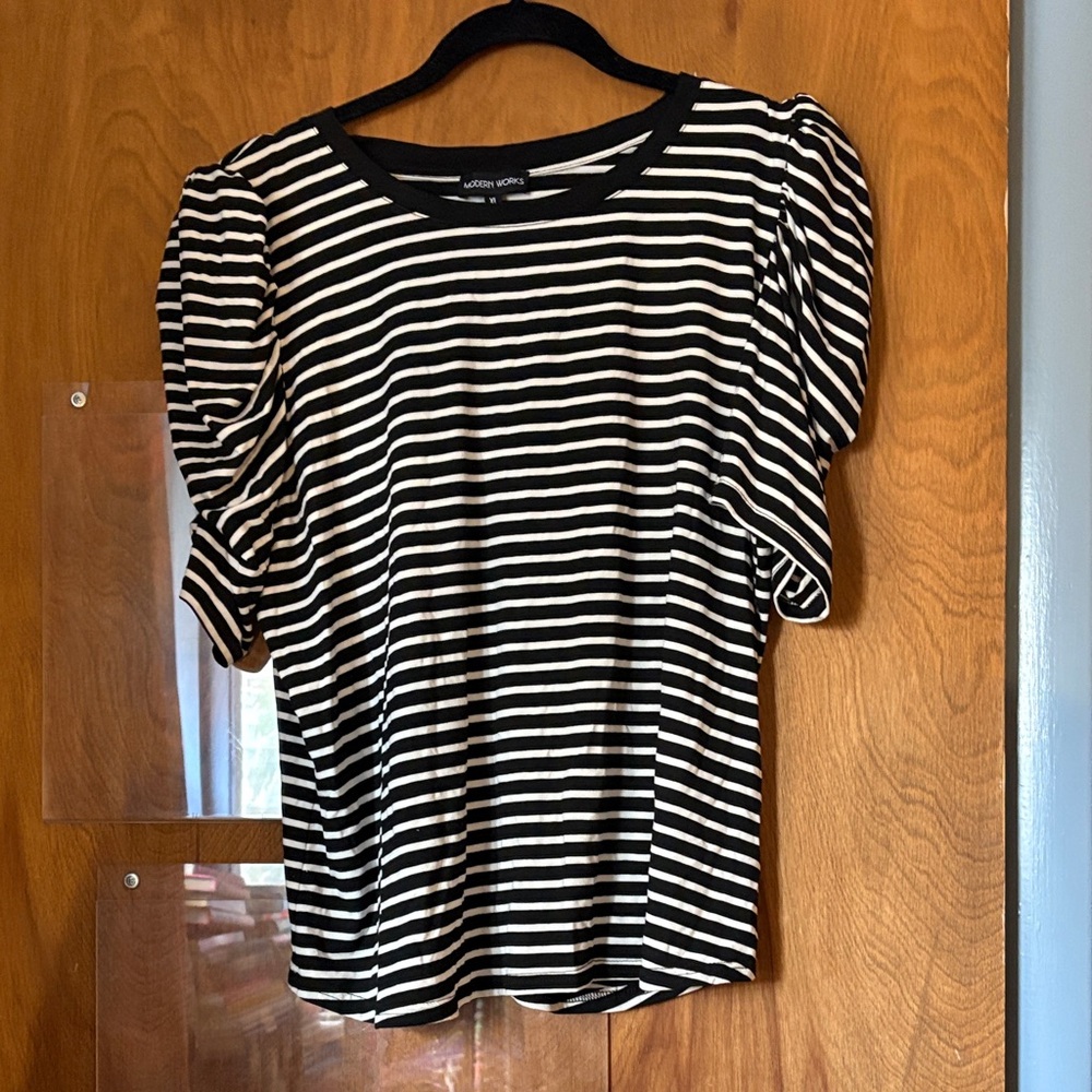 Modern Works Black and White Striped Puff Short Sleeve Tee